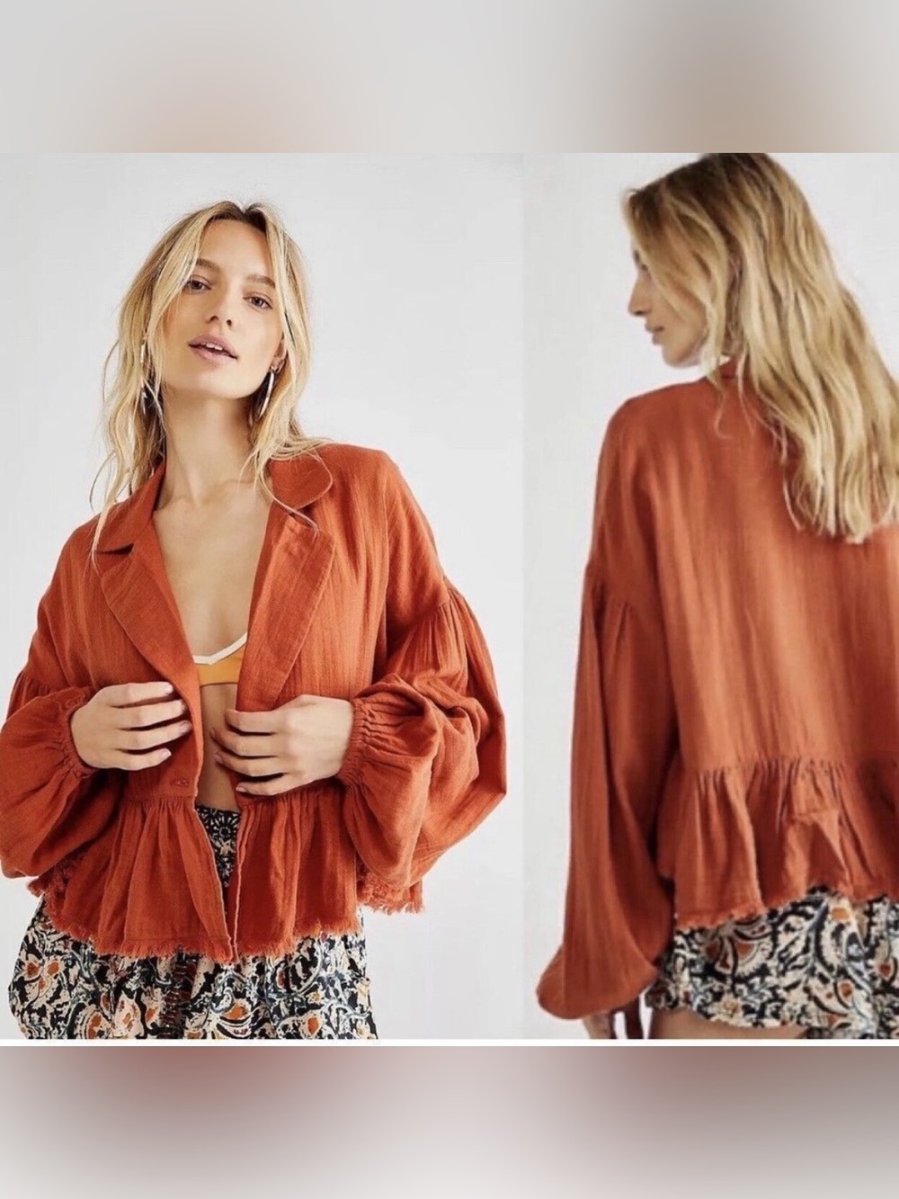 Free People Lyra 100% Cotton
Tiered Bed Jacket Boho Cropped Large Orange